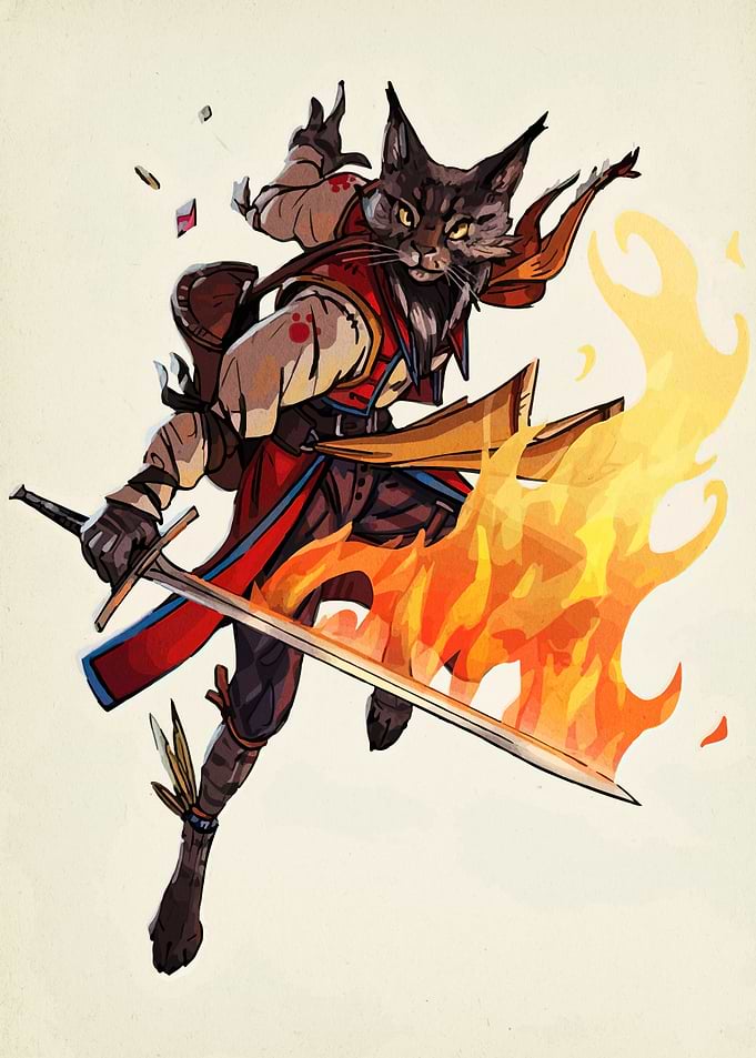 Anthropomorphic Cat Warrior with Sword and Fire
