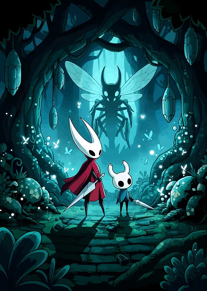 Hollow Knight characters in a forest