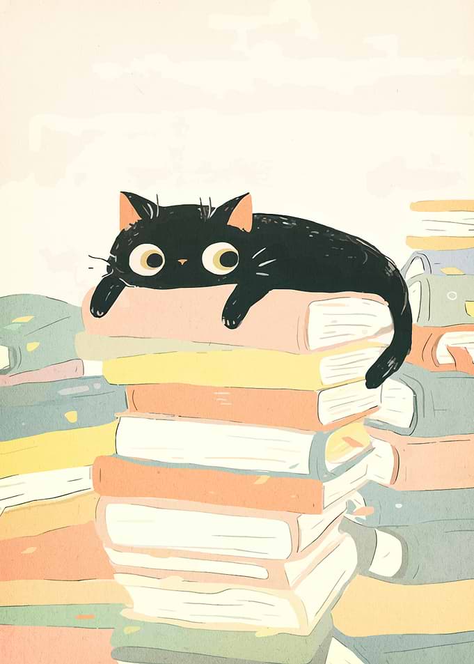 Black cat on books illustration