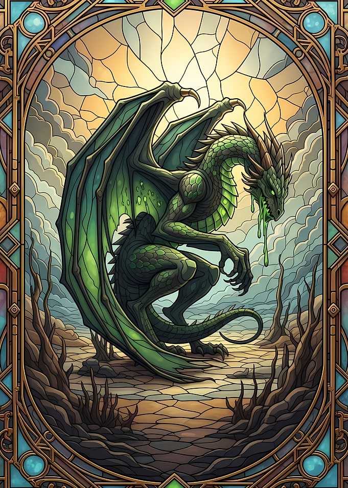 Green Dragon Stained Glass Illustration