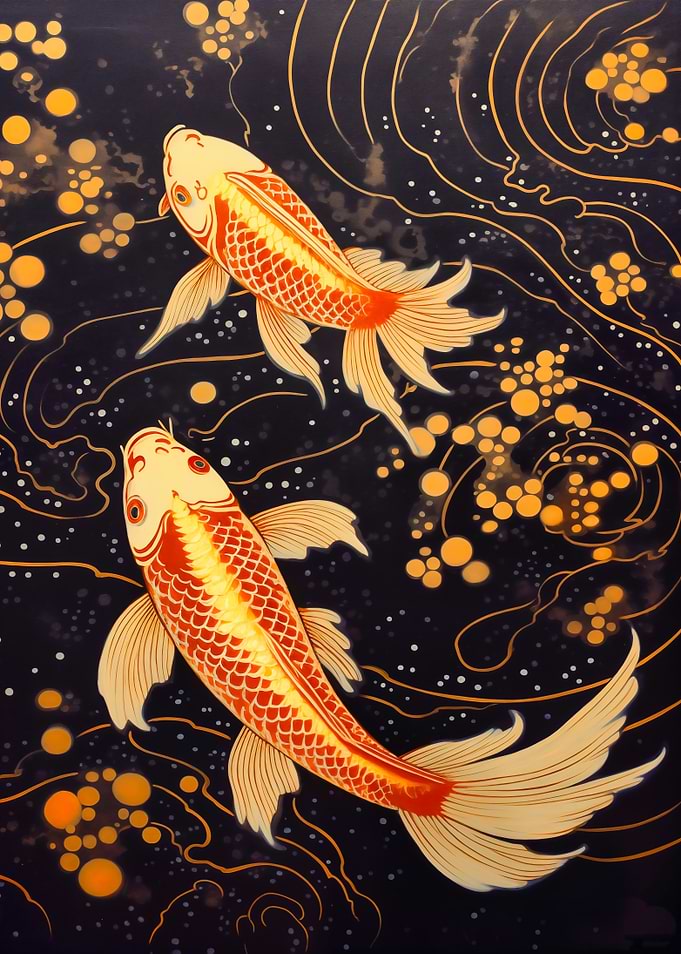 Two Koi Fish in Dark Water with Gold