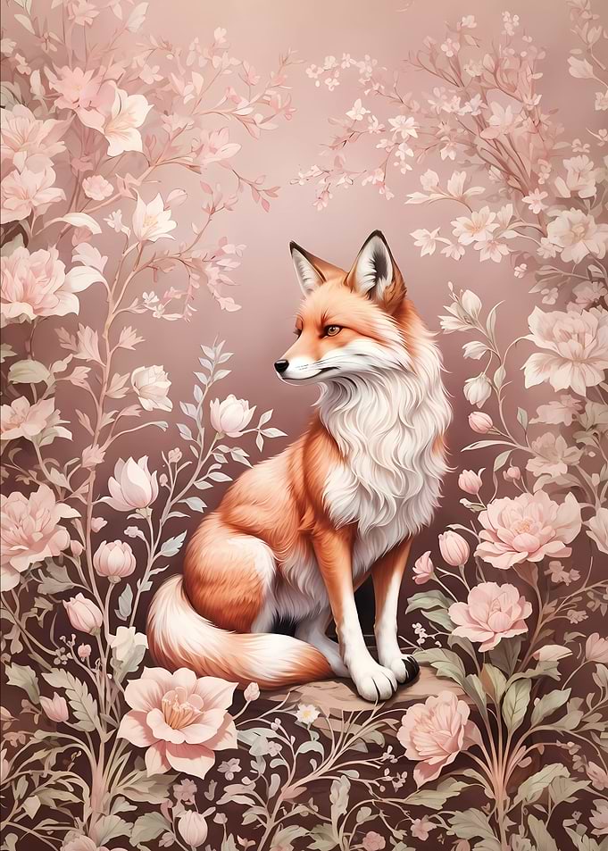Fox in Pink Floral Garden
