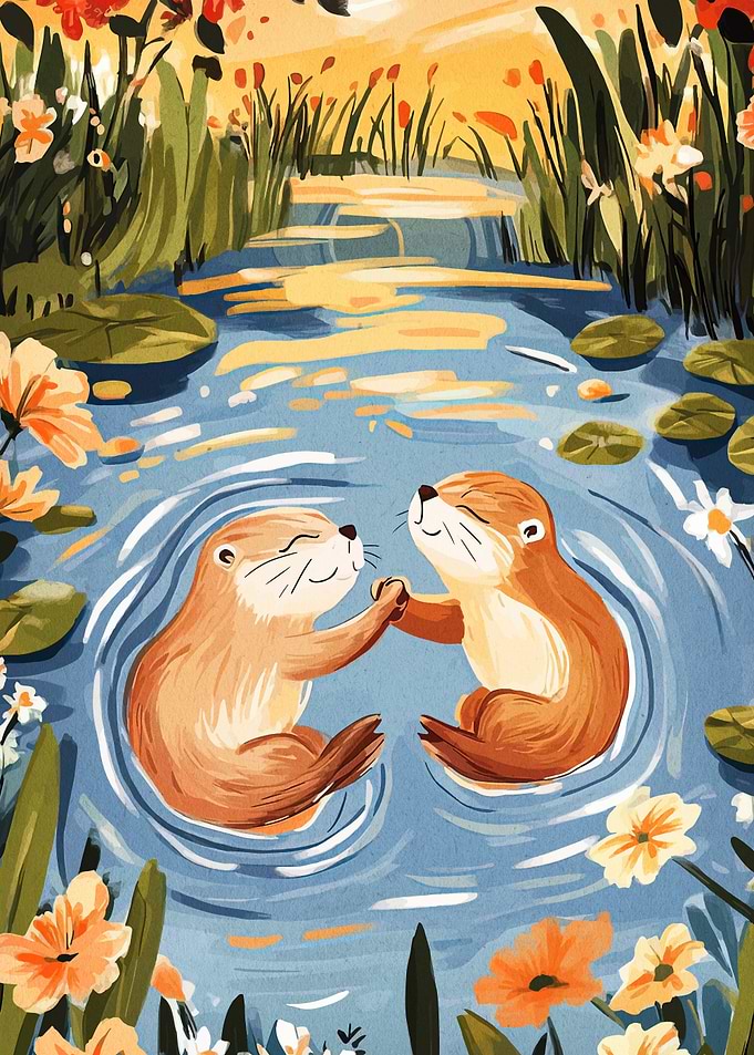Otters Holding Hands in Pond