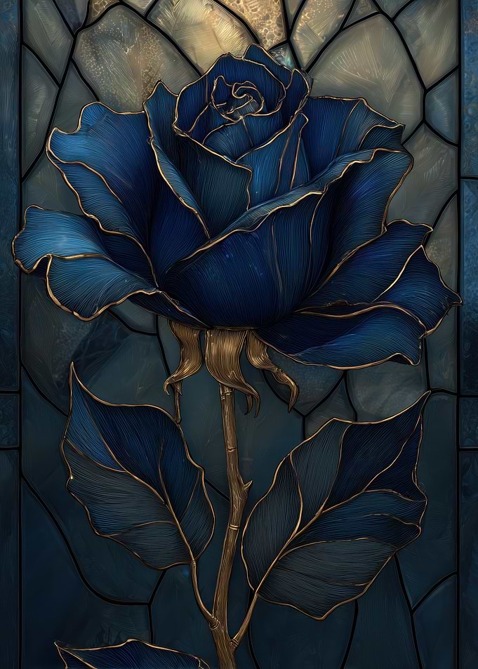 Blue Rose with Golden Outline Stained Glass