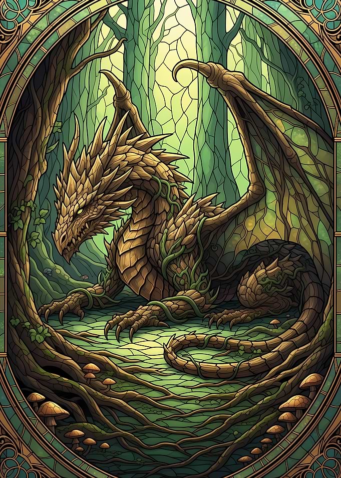 Dragon in Forest Stained Glass Style