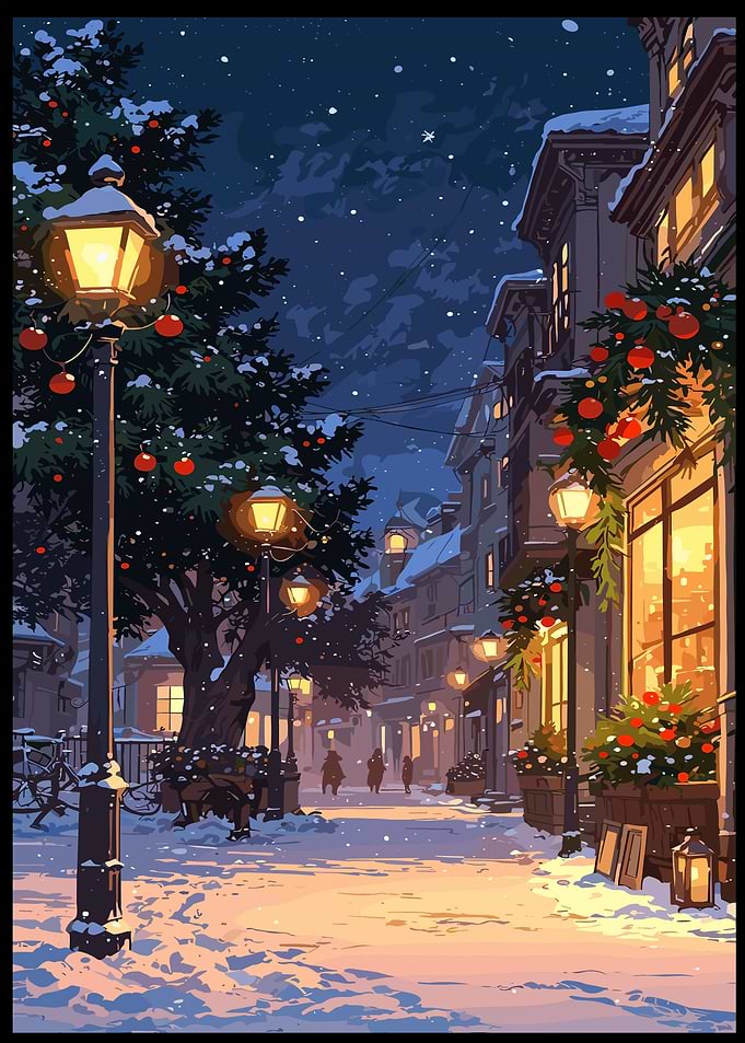 Snowy Christmas street at night