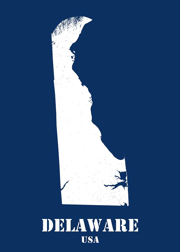 Delaware USA State Minimalist White Topographic Contour Relief Map featuring terrain on navy blue background