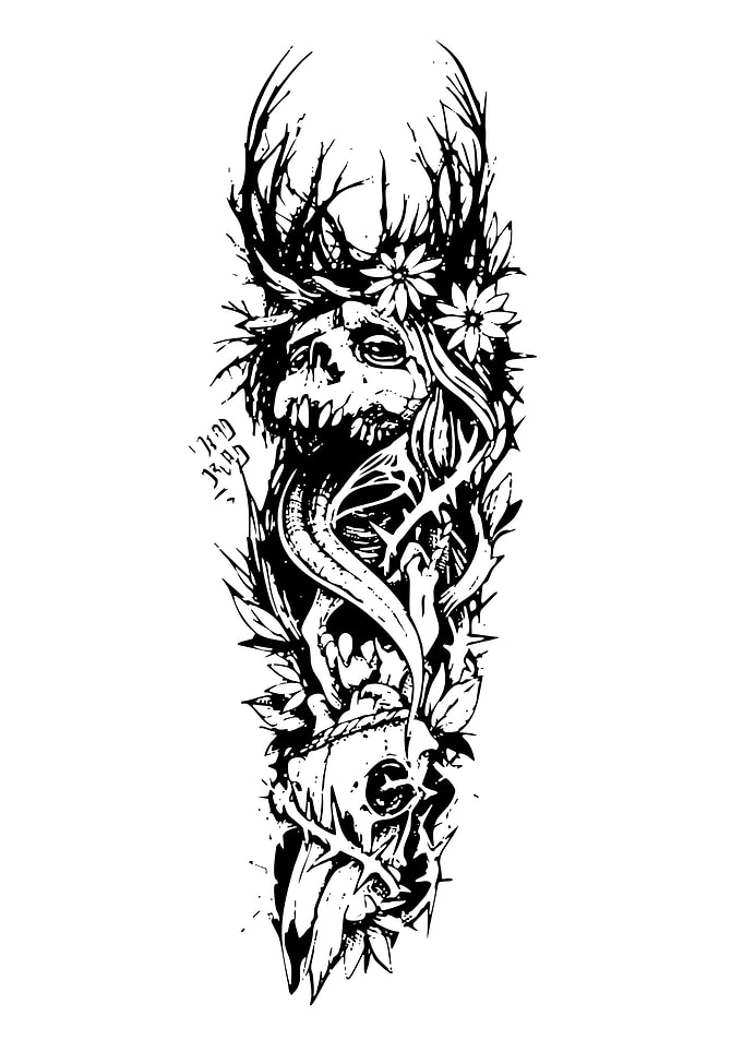 Skull and Flora Blackwork Illustration