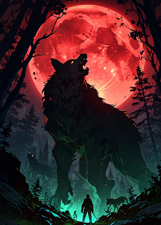 Wolf Howling at Red Moon