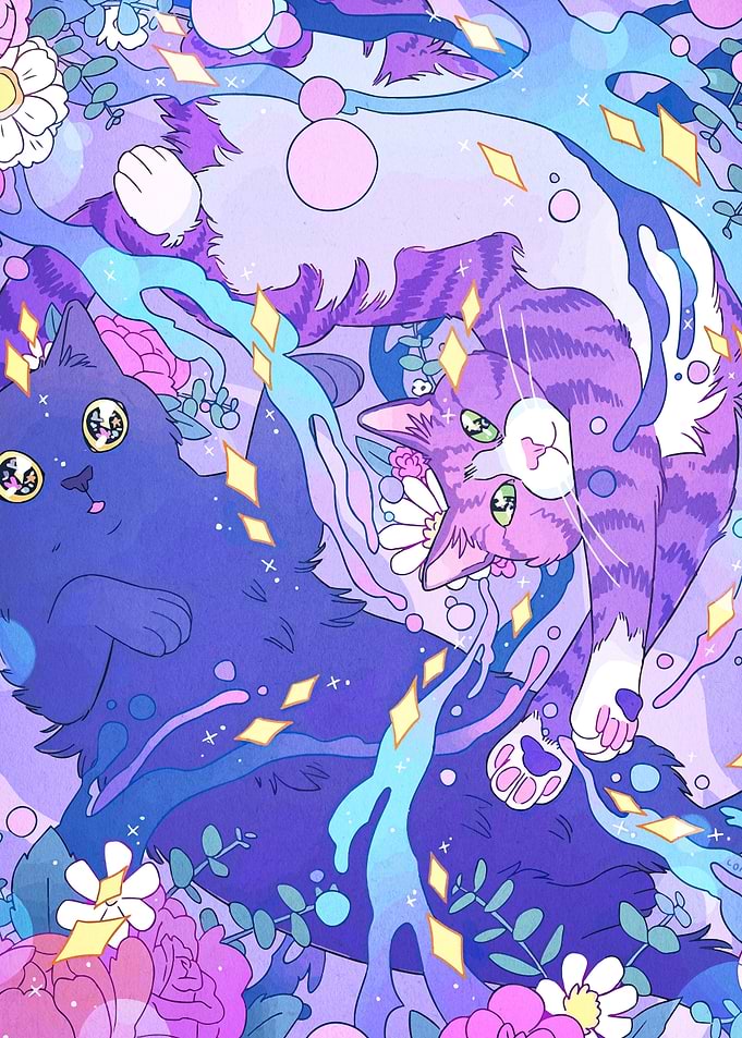Whimsical Cats in Floral Fantasy
