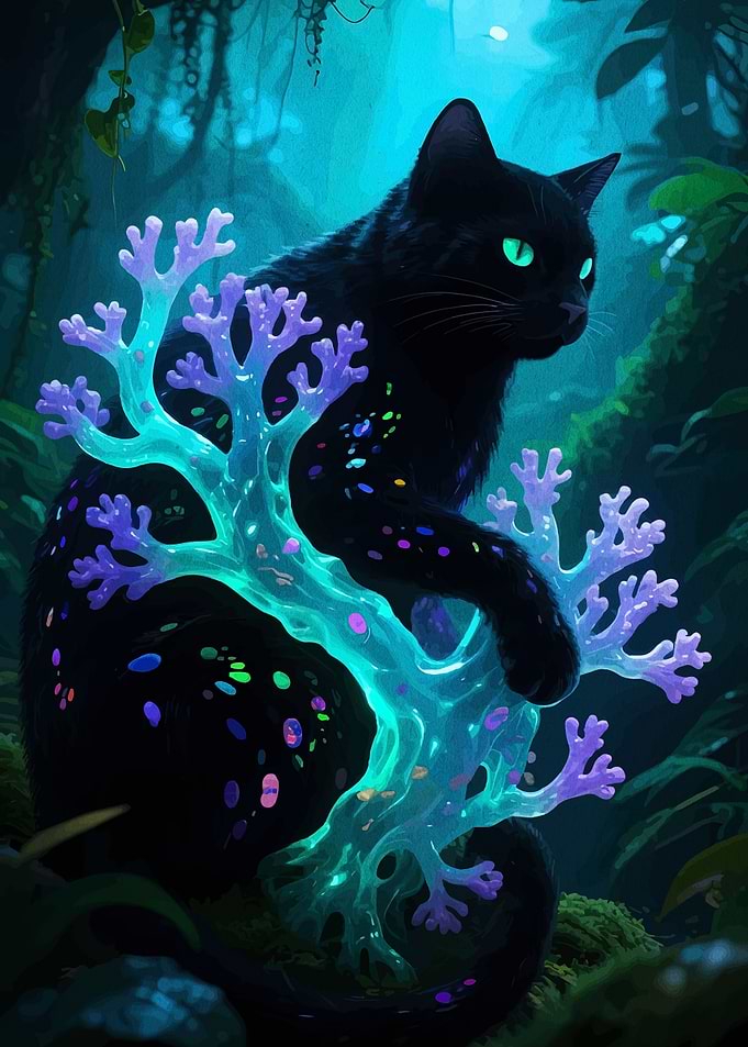 Black cat with glowing coral