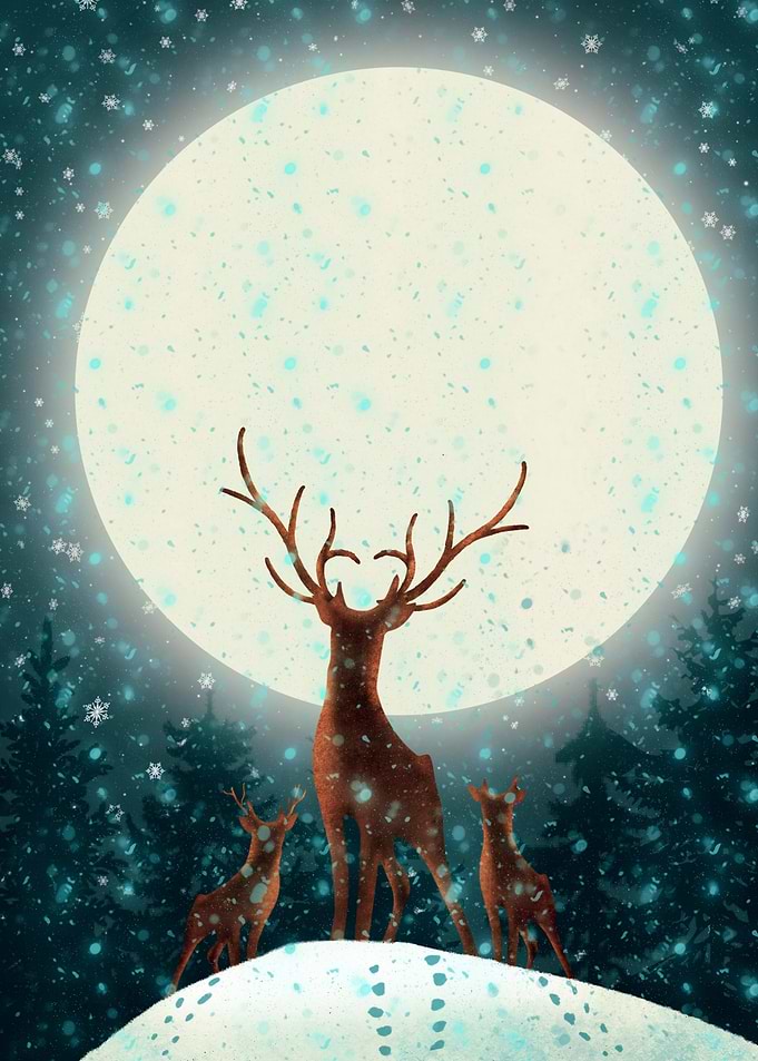 Deer Family Under Moonlight Snowfall