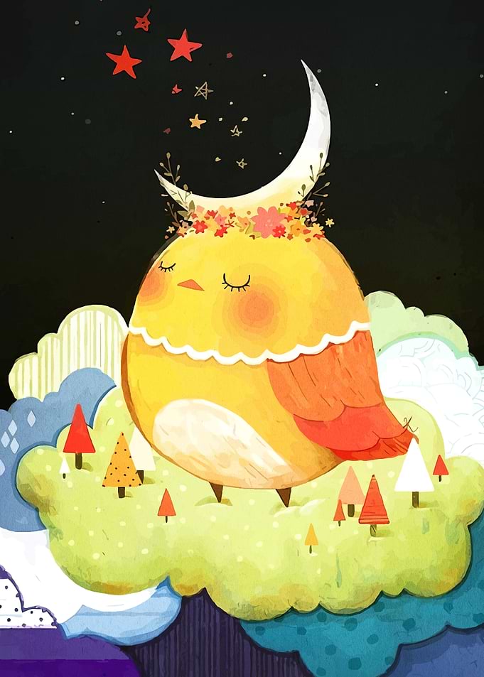 Dreamy Bird on Cloud with Moon