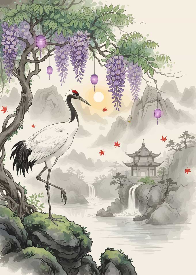 Crane in Asian Landscape with Wisteria