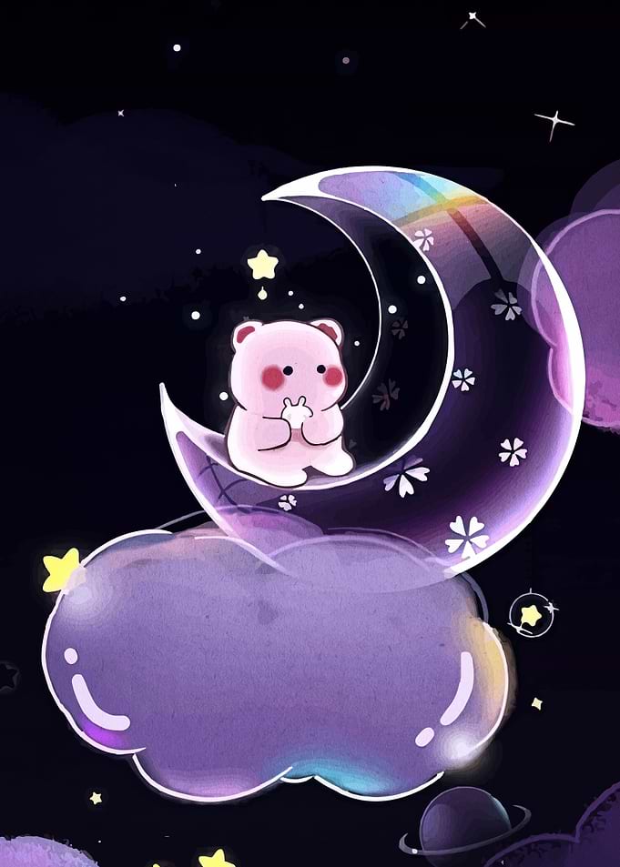 Cute Bear on Moon in Night Sky