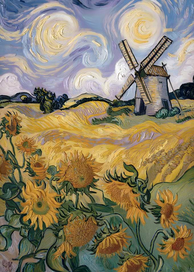 Sunflower Field with Windmill Painting