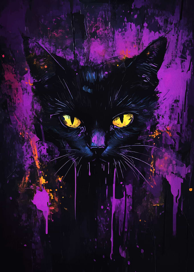 Black Cat with Purple Splatter Art