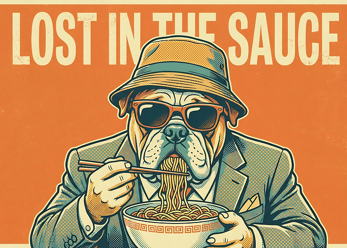 Dog in Suit Eating Noodles
