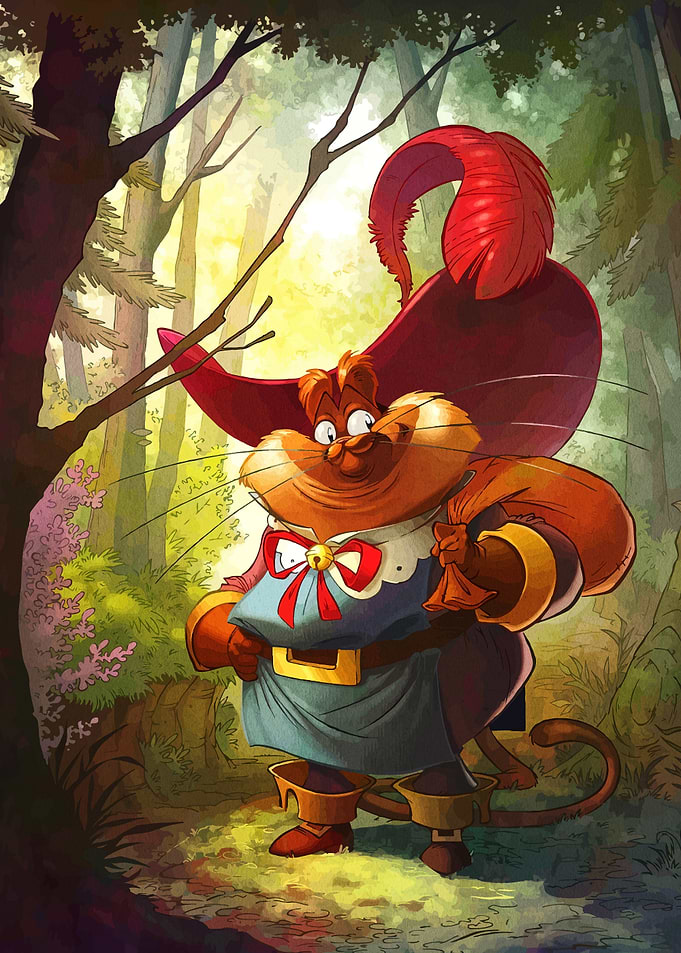 Cartoon Cat in Forest with Bag