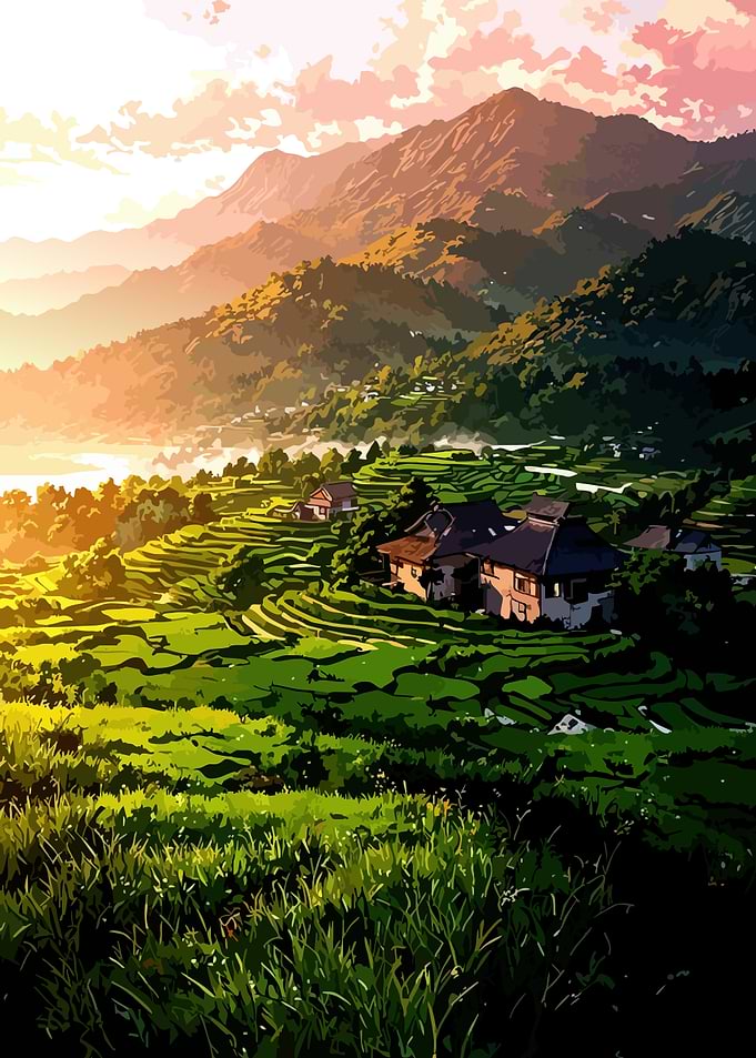 Lush Mountainous Landscape with Rice Terraces