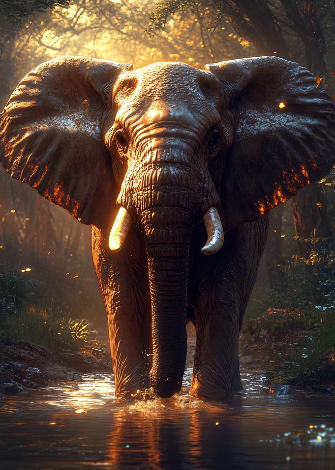 Elephant in Water, Forest Background