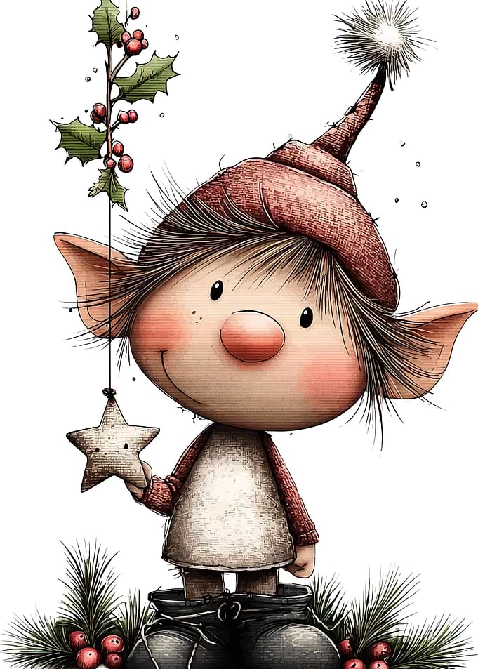 Cute Christmas Elf with Star Ornament