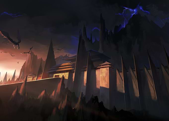 Fantasy Fortress with Dragons and Lightning
