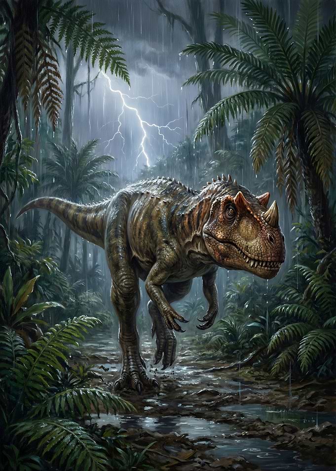 Dinosaur in a Stormy Jungle