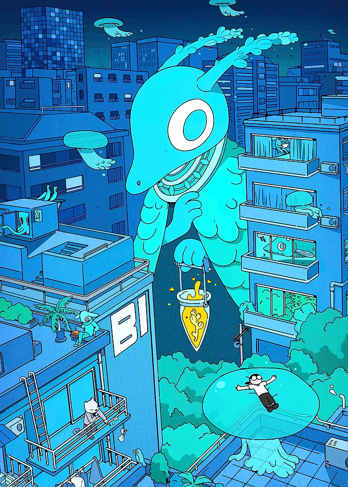 Blue Cityscape with Giant Creature