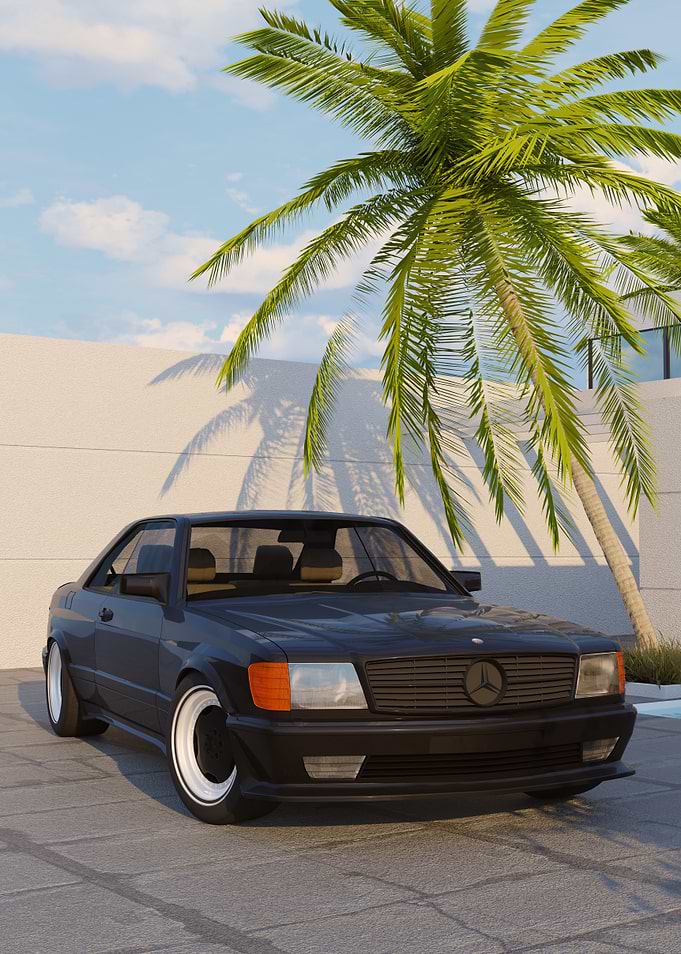 Classic Car Mercedes 560 Under Palm Tree