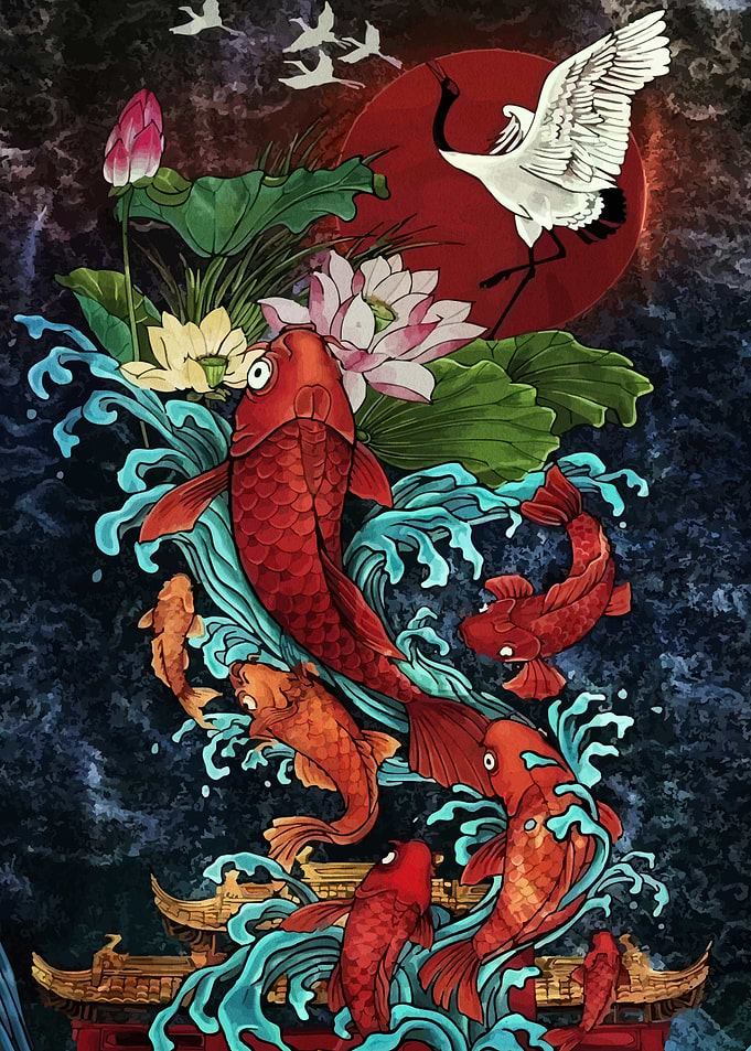 Koi Fish and Crane Asian Art