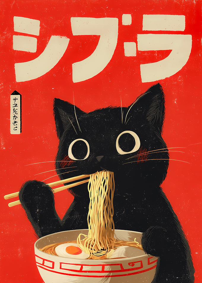 Black Cat Eating Ramen Illustration