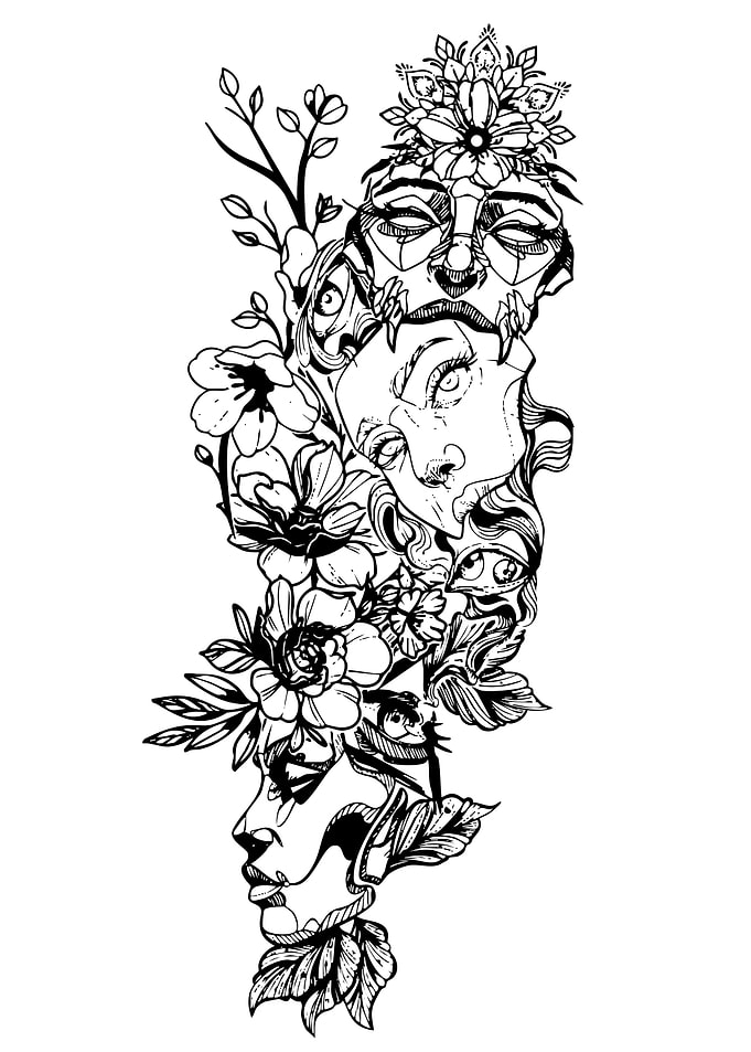 Floral Faces Black and White Art
