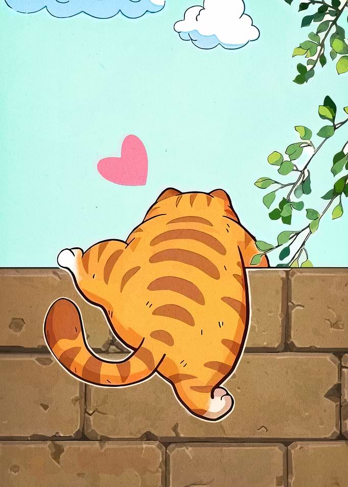 Cartoon Cat on Brick Wall