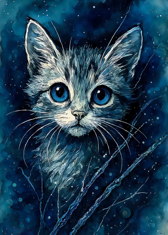 Abstract Fantasy #139 - Blue-Eyed Cat Watercolor Portrait
