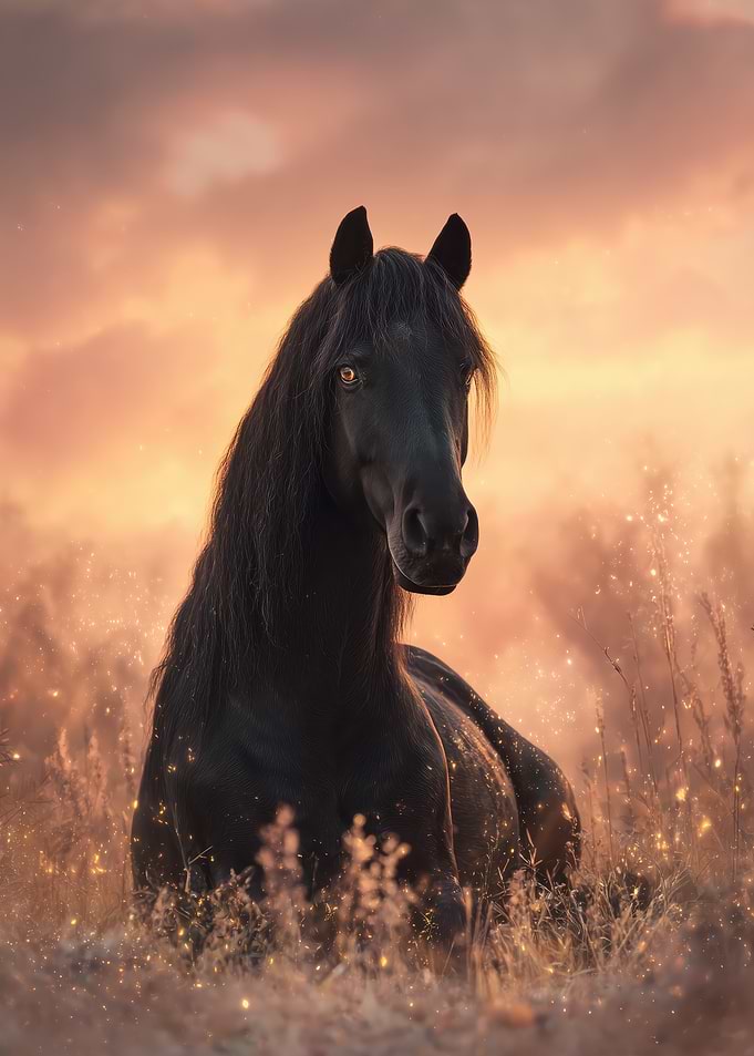 Majestic Black Horse in Golden Light