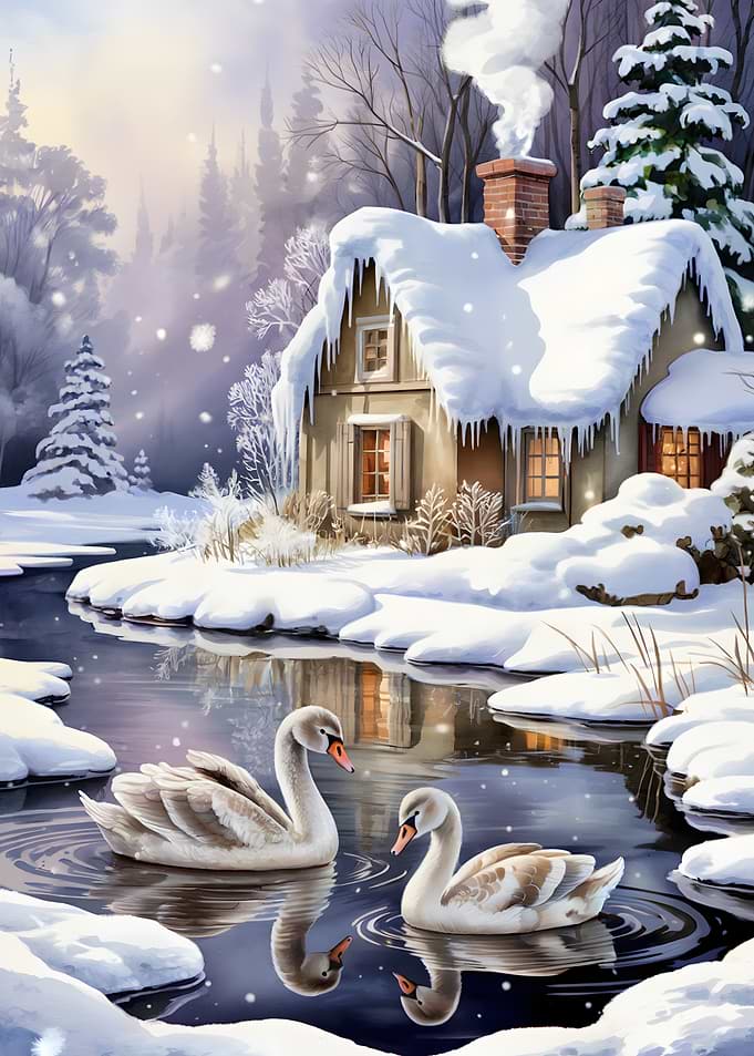 Winter Swans by Snowy Cottage