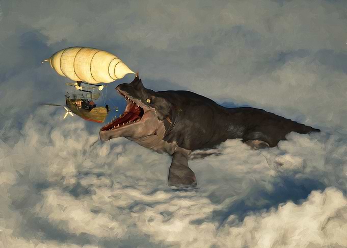 Airship and Leviathan in Cloudy Sky