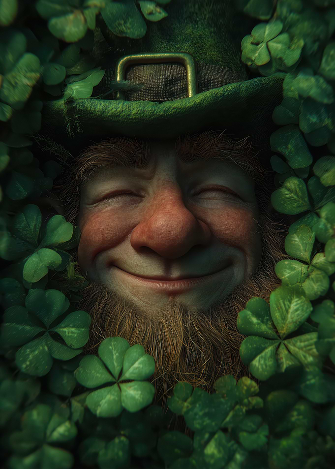 Smiling Leprechaun Surrounded by Clovers