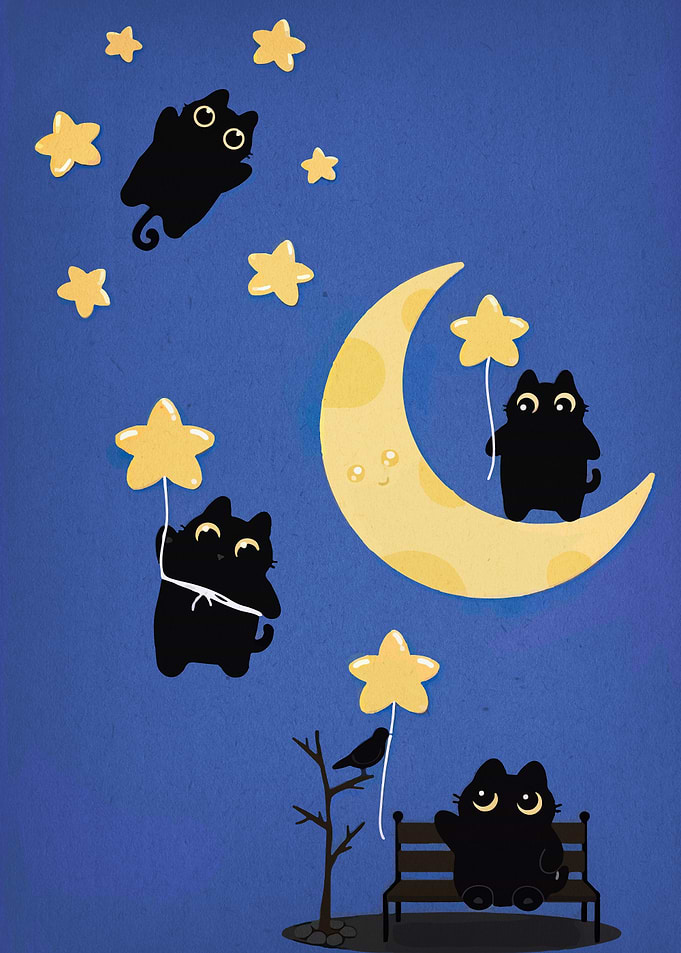 Cats, Moon, and Stars Illustration