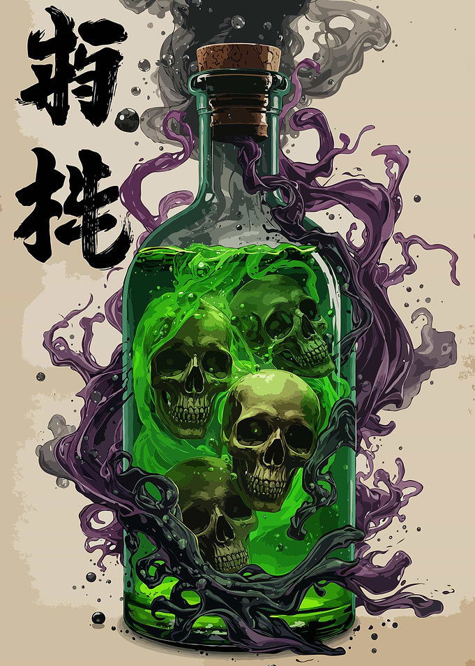 Skull Potion Bottle with Japanese Kanji