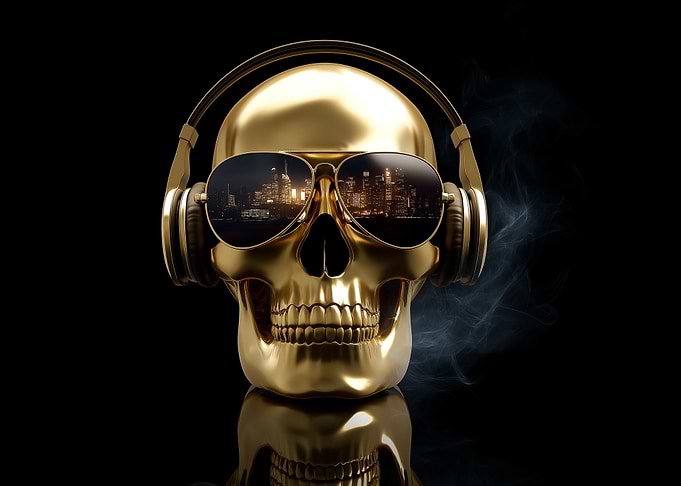 Golden Skull with Headphones and Sunglasses