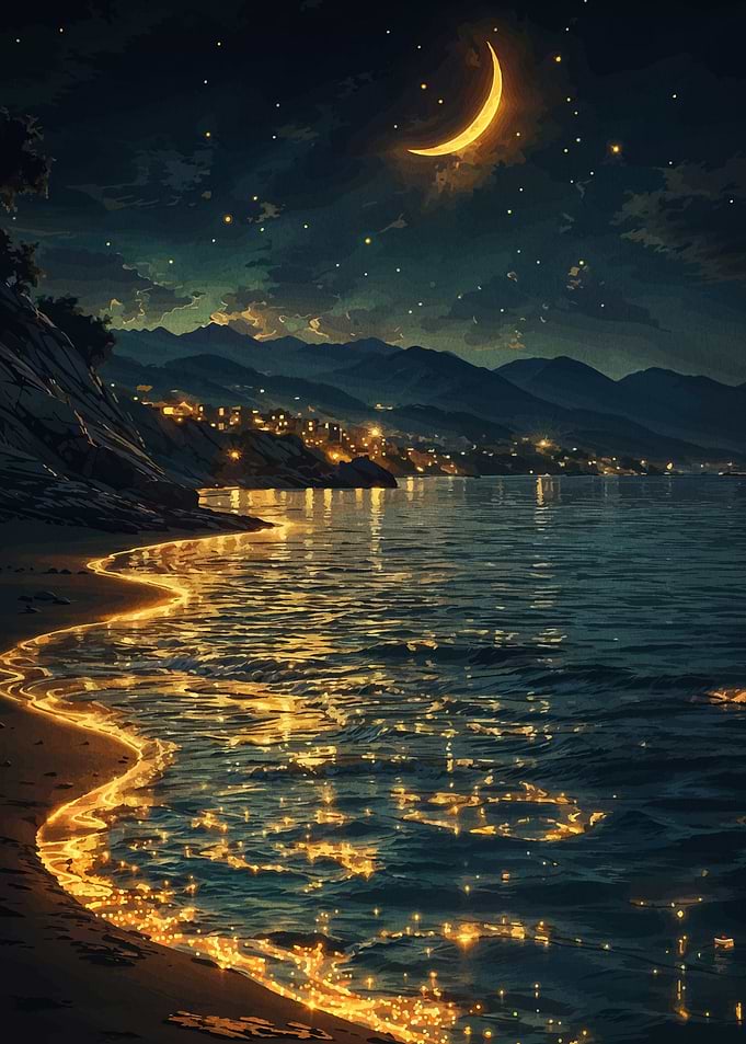 Night Coastline with Crescent Moon