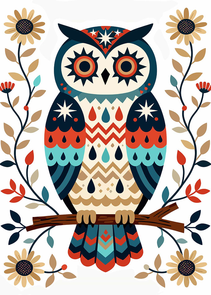Stylized Owl Illustration with Floral Accents