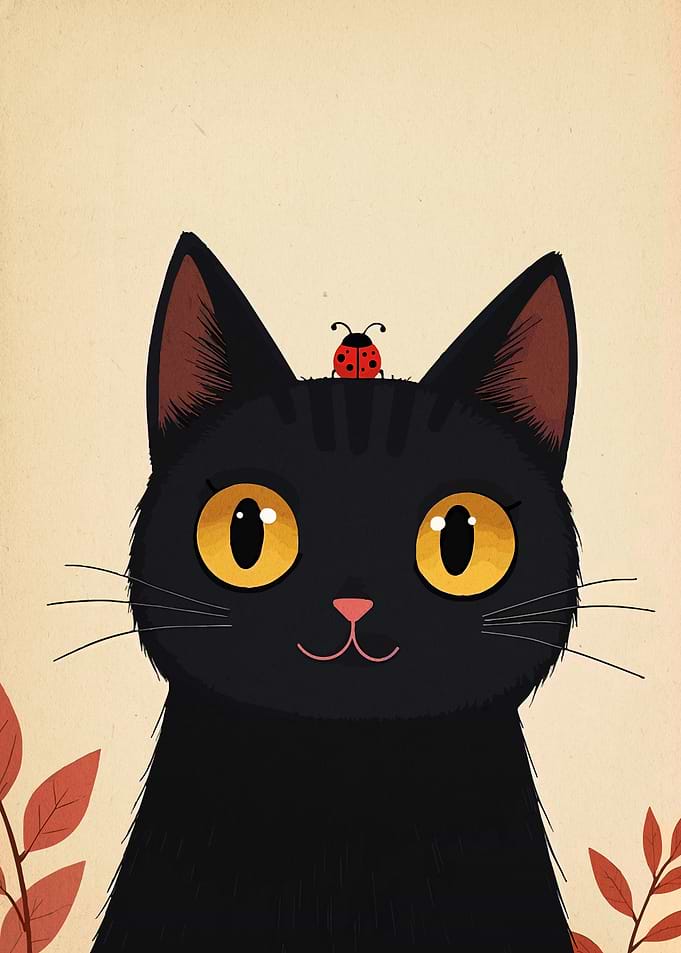 Black Cat with Ladybug Illustration