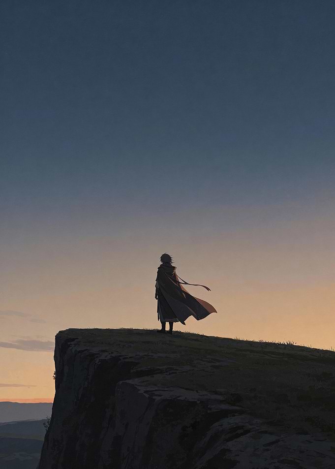 Lone Figure on Cliff at Sunset