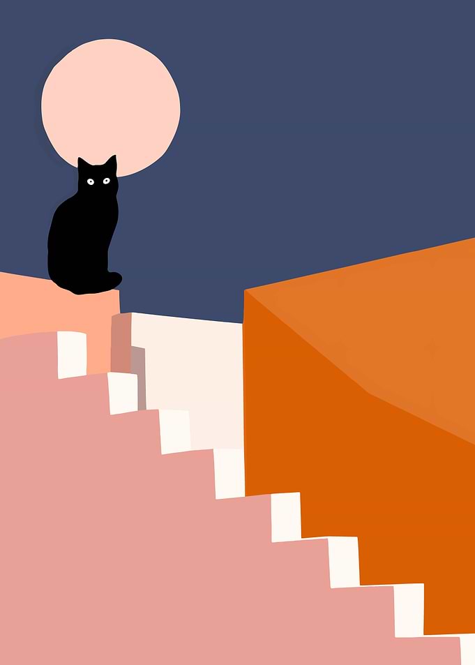 Black Cat on Stairs under Moon