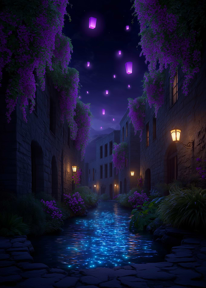 Nighttime Canal with Lanterns and Flowers
