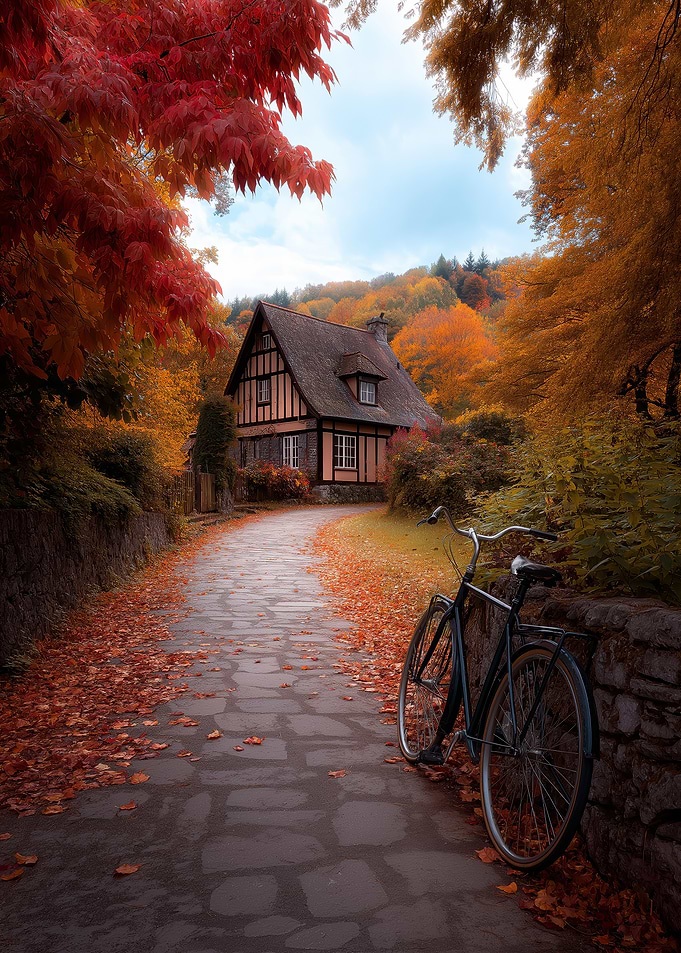 Autumn Cottage with Bicycle