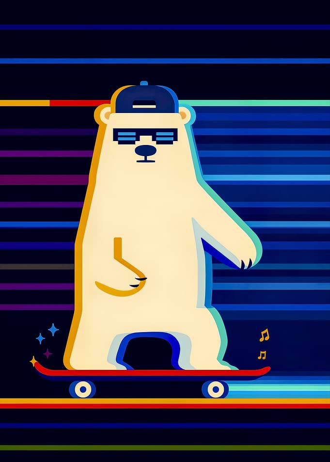 Retro Skating Polar Bear | Neon Synthwave Vector Art